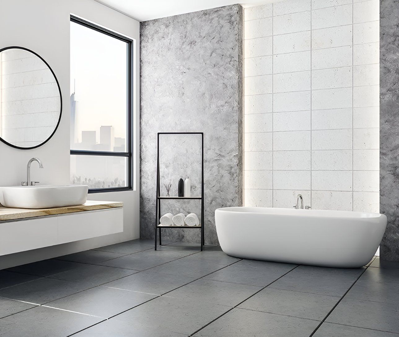 A Bathroom With A Bathtub, Sink, Mirror And Window — Andrew Logan Building In Dubbo, NSW