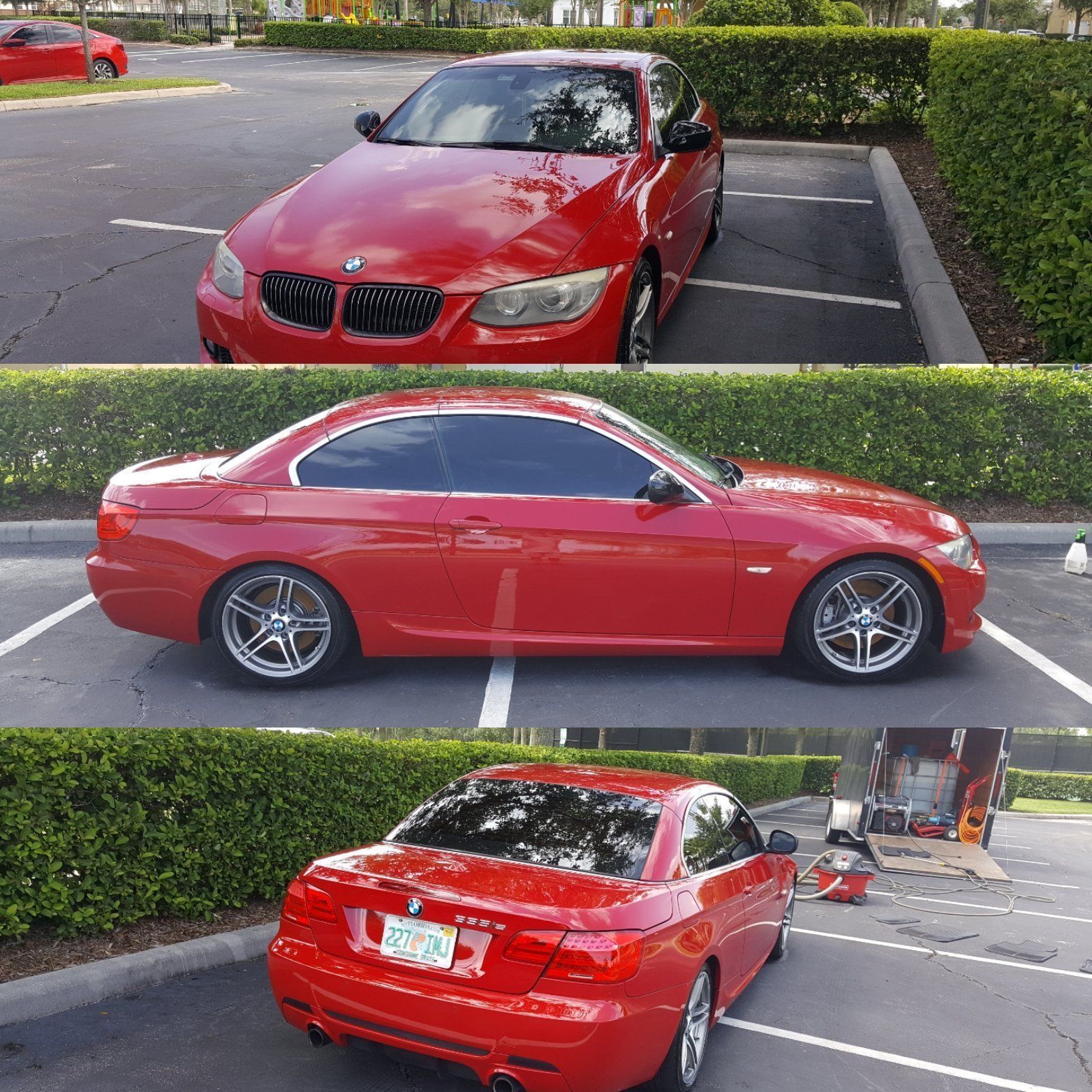 Red BMW coupe in a parking lot, shown from front, side, and rear views.