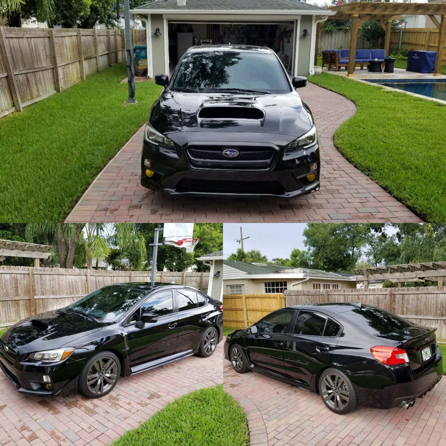 Black Subaru sedan in a driveway, shown from front and side views in a suburban backyard.