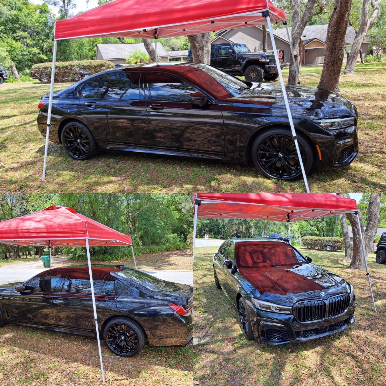 Black sedan parked under a red canopy in a grassy yard, shown from side and front angles.