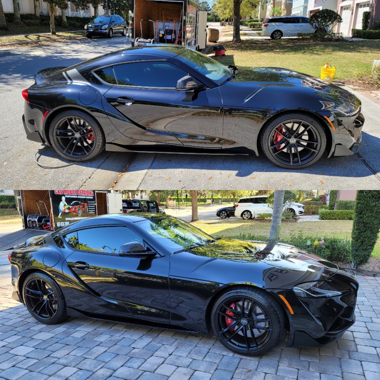 Black sports car shown from two side views, parked on a driveway in daylight.