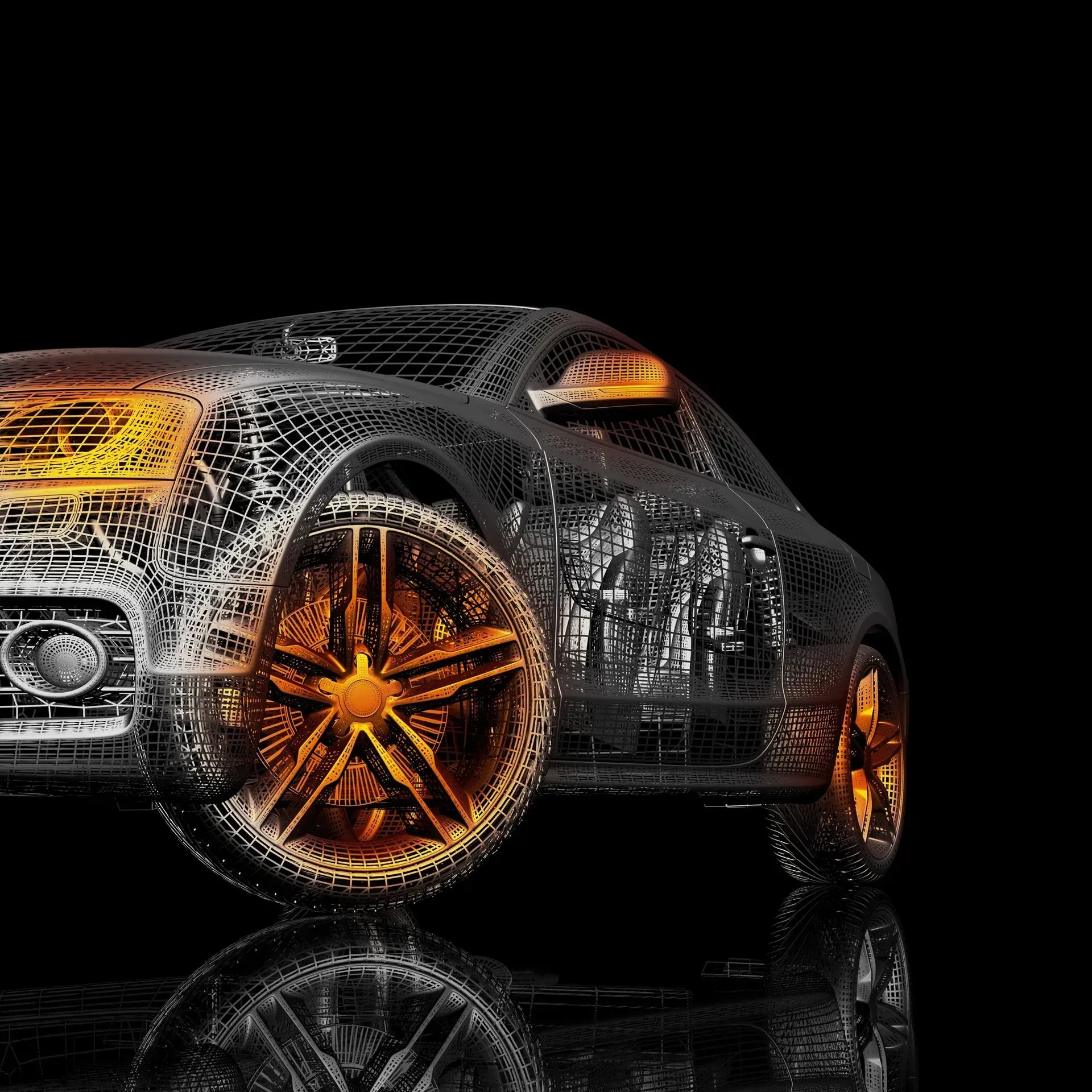 Wireframe concept car with glowing orange wheels on a black background, reflected on a glossy floor