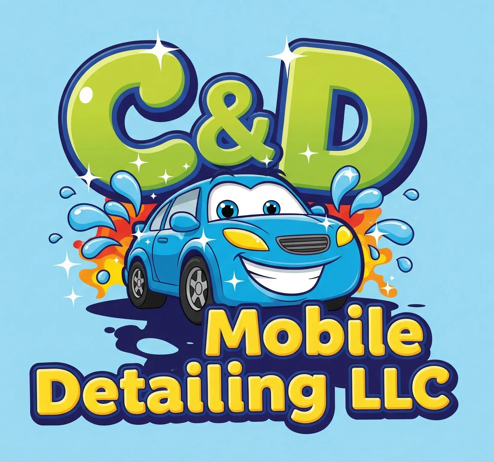 C&D Mobile Detailing LLC logo with a smiling blue car and colorful splash graphics