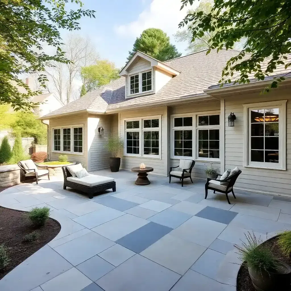 Concrete patio, seating, fire pit, and a house with multiple windows.