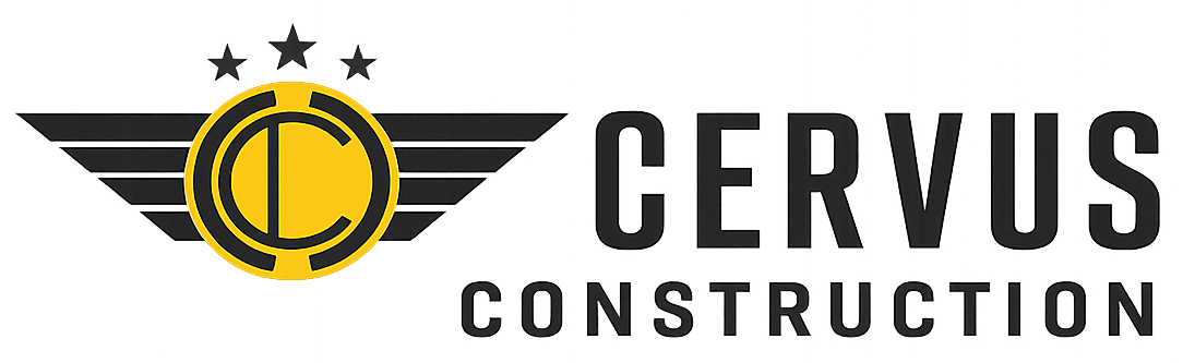 Logo for Cervus Construction, featuring a yellow letter "C" in a circle with wings and three stars above, text to the right.