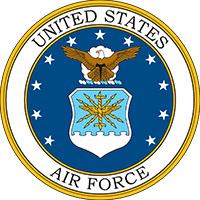 The official seal of the United States Air Force featuring an eagle above a shield with lightning bolts on a blue circle.