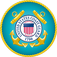 The official circular emblem of the United States Coast Guard, featuring a shield, anchors, and the year 1790 on teal.
