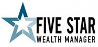 A logo for five star wealth manager with a blue star.