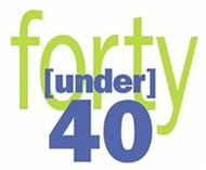 A green and blue sign that says forty under 40.