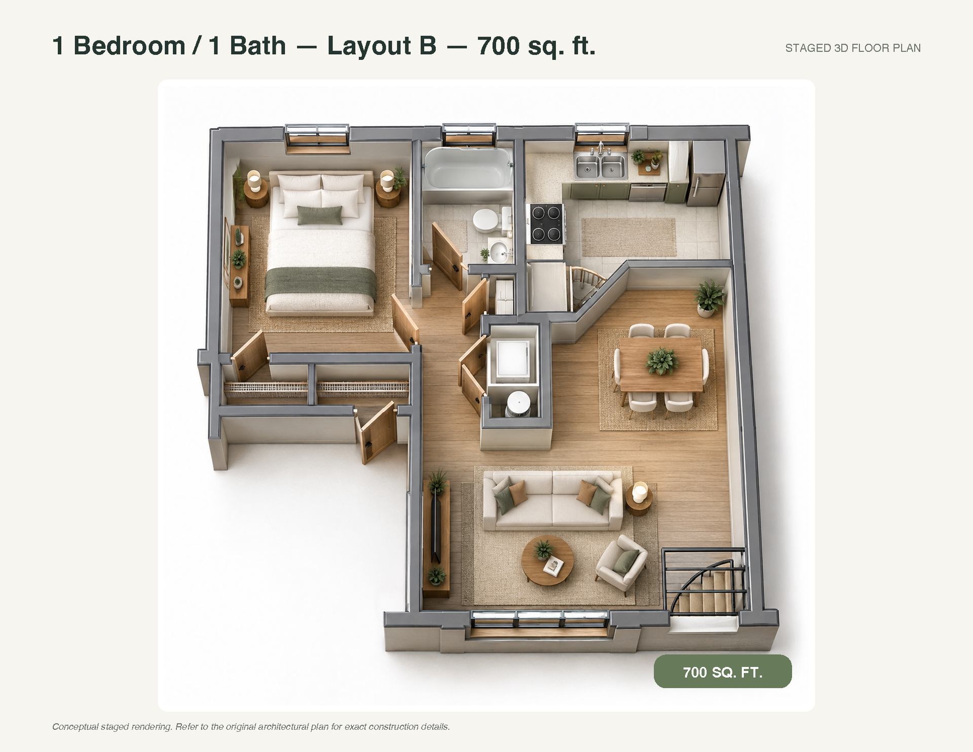 1-bedroom, 1-bath apartment floor plan with living area, kitchen, dining nook, and bedroom, 700 sq. ft.