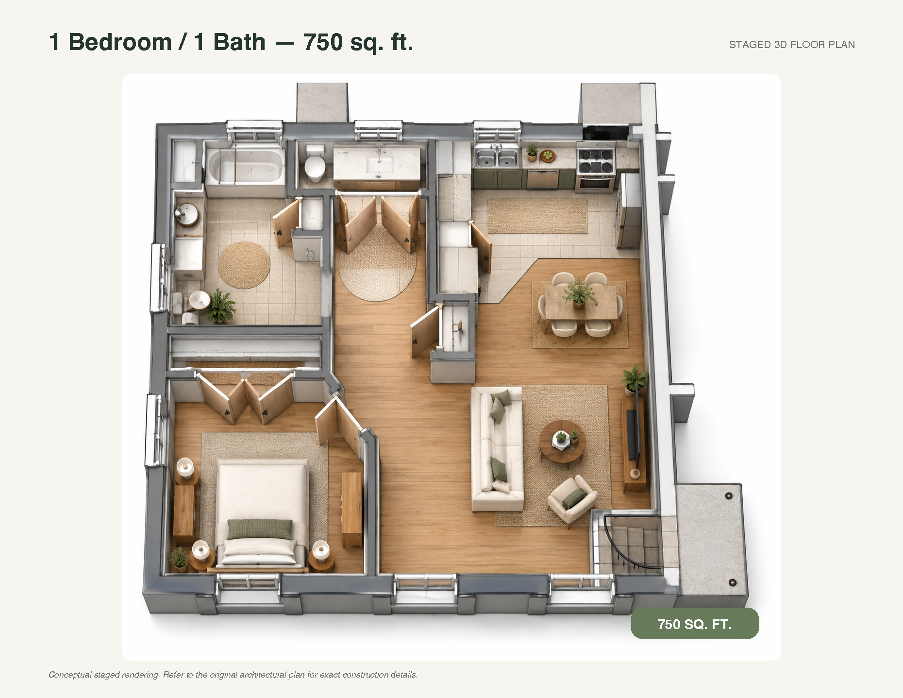 Apartment floor plan for a 1-bedroom, 1-bath layout with living room, kitchen, and balcony.