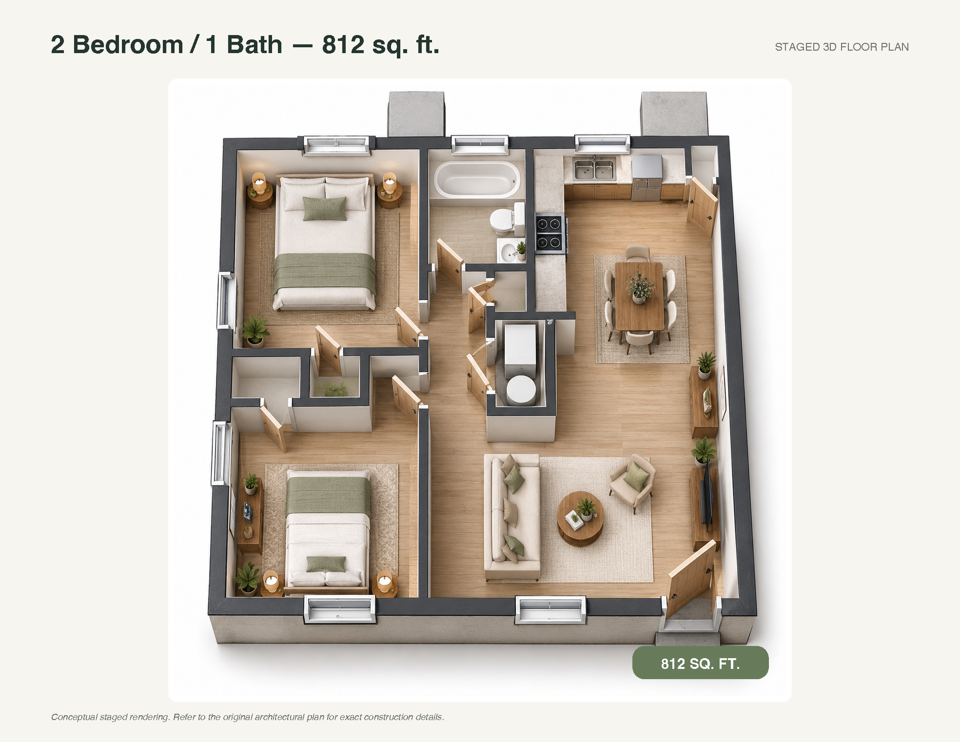 2-bedroom, 1-bath apartment floor plan with furnished rooms and wood flooring, 812 sq. ft.