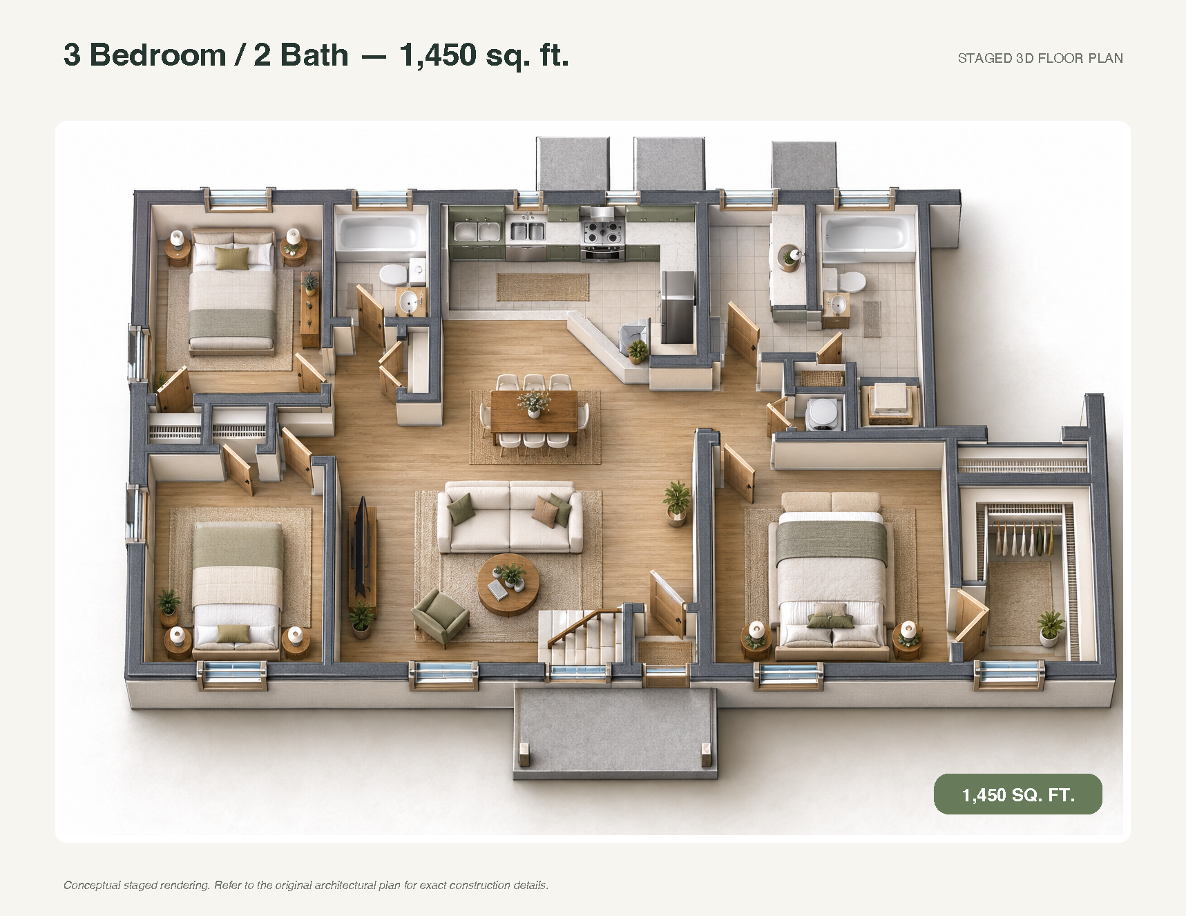 3-bedroom, 2-bath apartment floor plan with furnished living room, kitchen, and balconies.