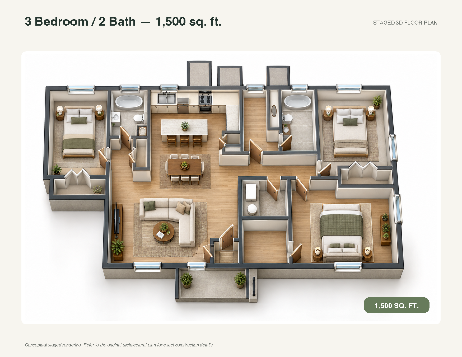 3-bedroom, 2-bath apartment floor plan with open living area and kitchen, 1,500 sq. ft.