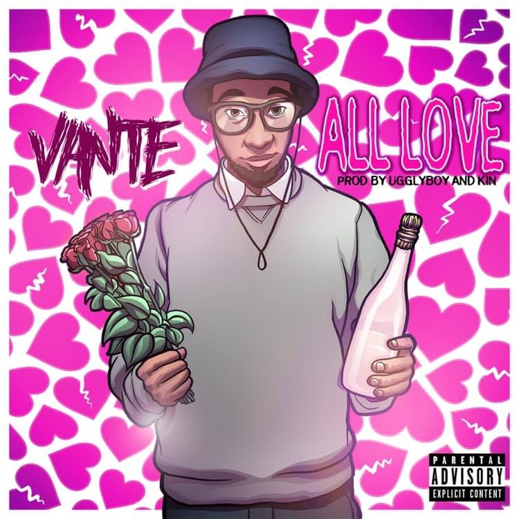 Man with flowers & champagne. Pink hearts background. Text: