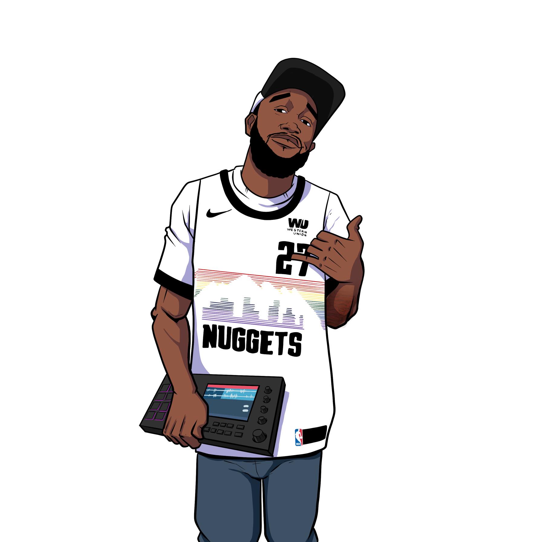 Cartoon of a Black man in a Nuggets jersey, holding a music pad, giving a