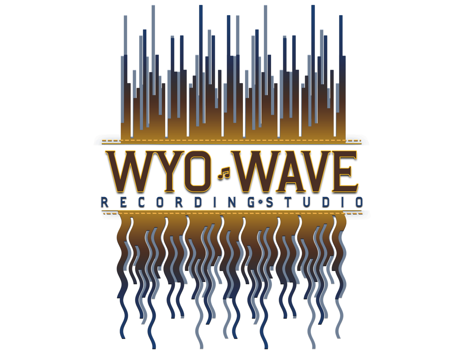 Logo for Wyo Wave Recording Studio, featuring an abstract sound wave design in blue and gold.