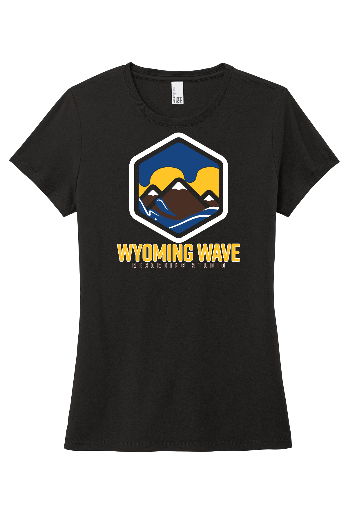Black t-shirt with a hexagon logo featuring mountains and 