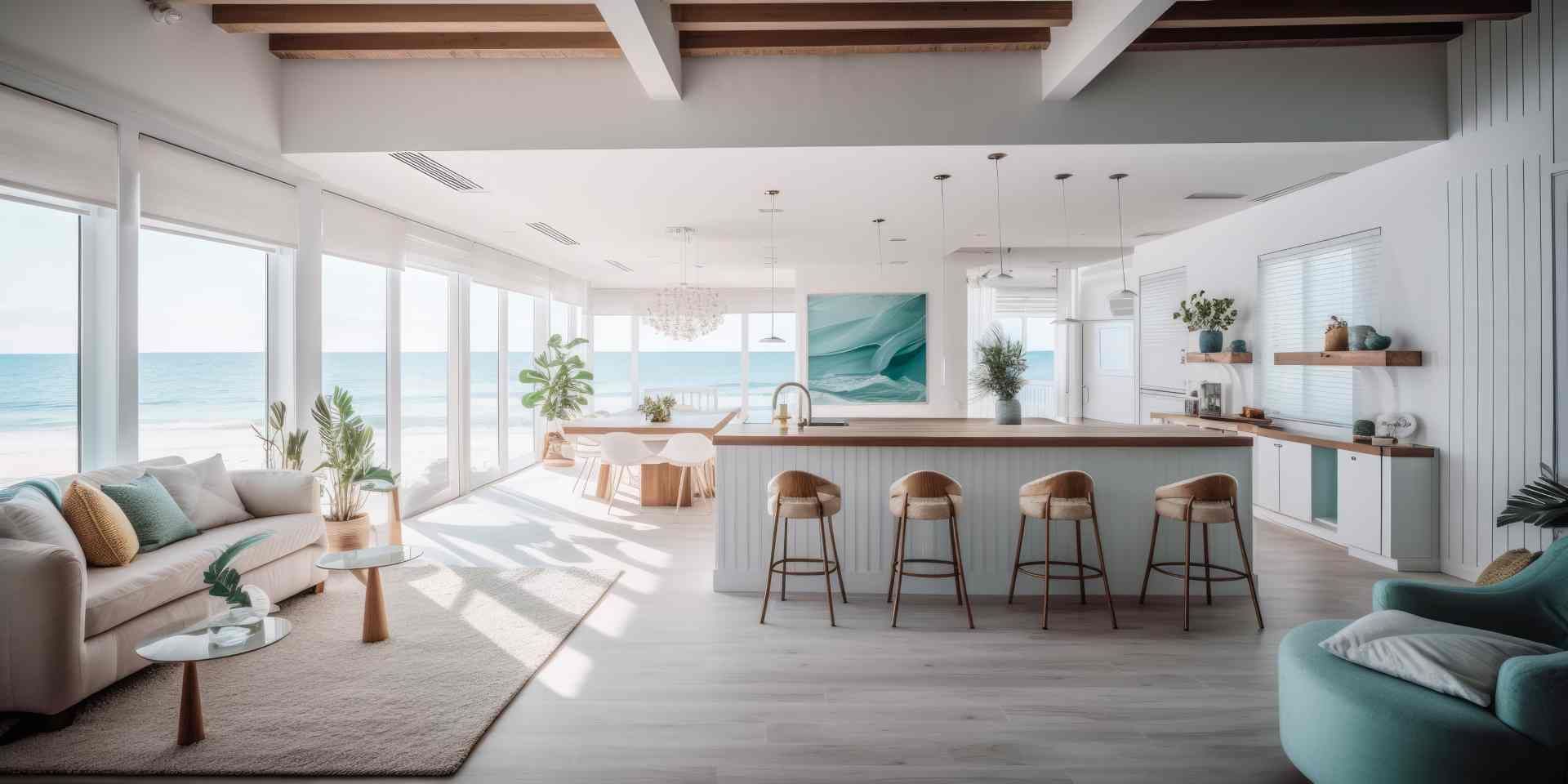 A modern coastal interior design with large windows and light-colored shadess near Braunfels, Texas