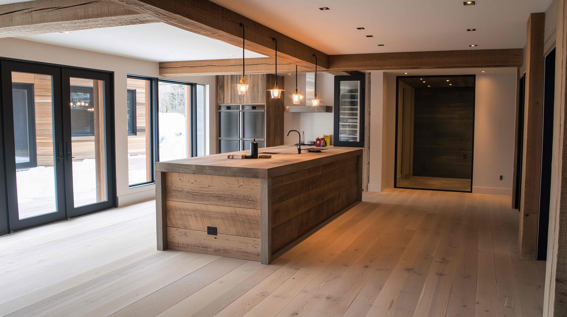 A rustic modern kitchen with reclaimed wood features at Schön Interiors near Braunfels, Texas