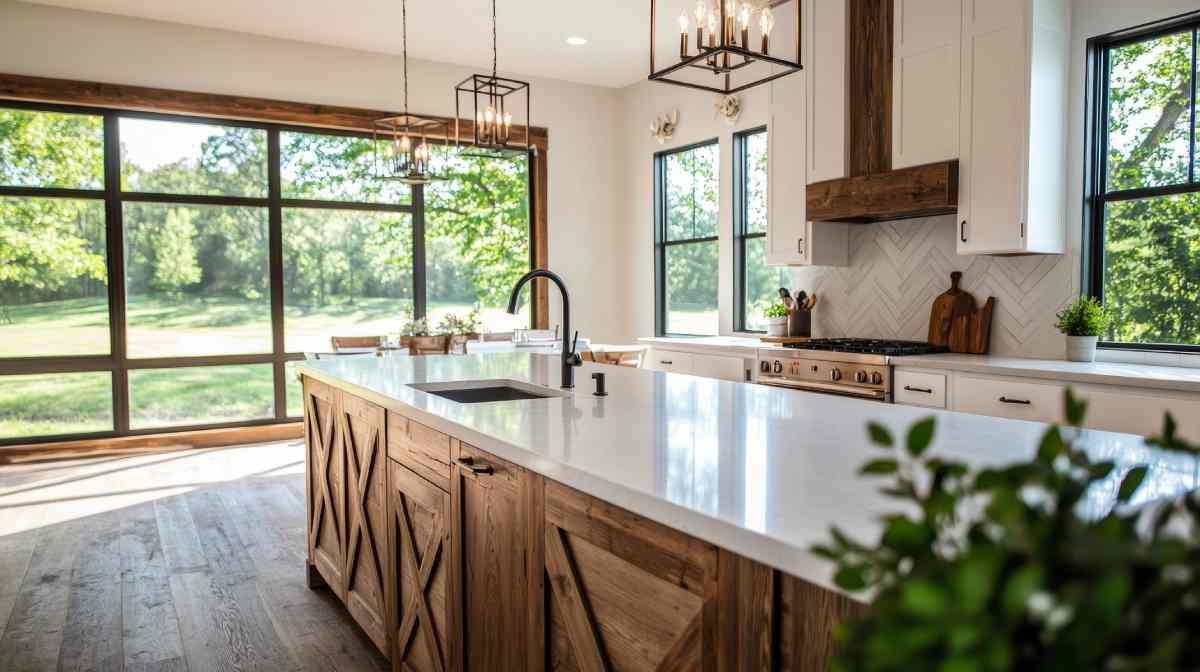 A kitchen with reclaimed wood accents and marble countertops at Schön Interiors near Braunfels, Texas