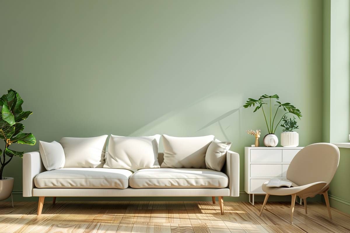 A mid-century modern living room waiting for window treatments at Schön Interiors near Braunfels, Texas
