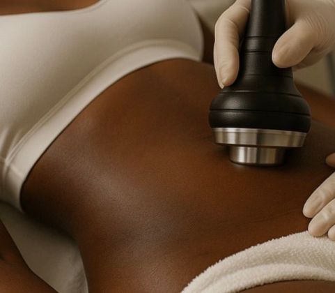 A woman is getting a treatment on her stomach in a spa