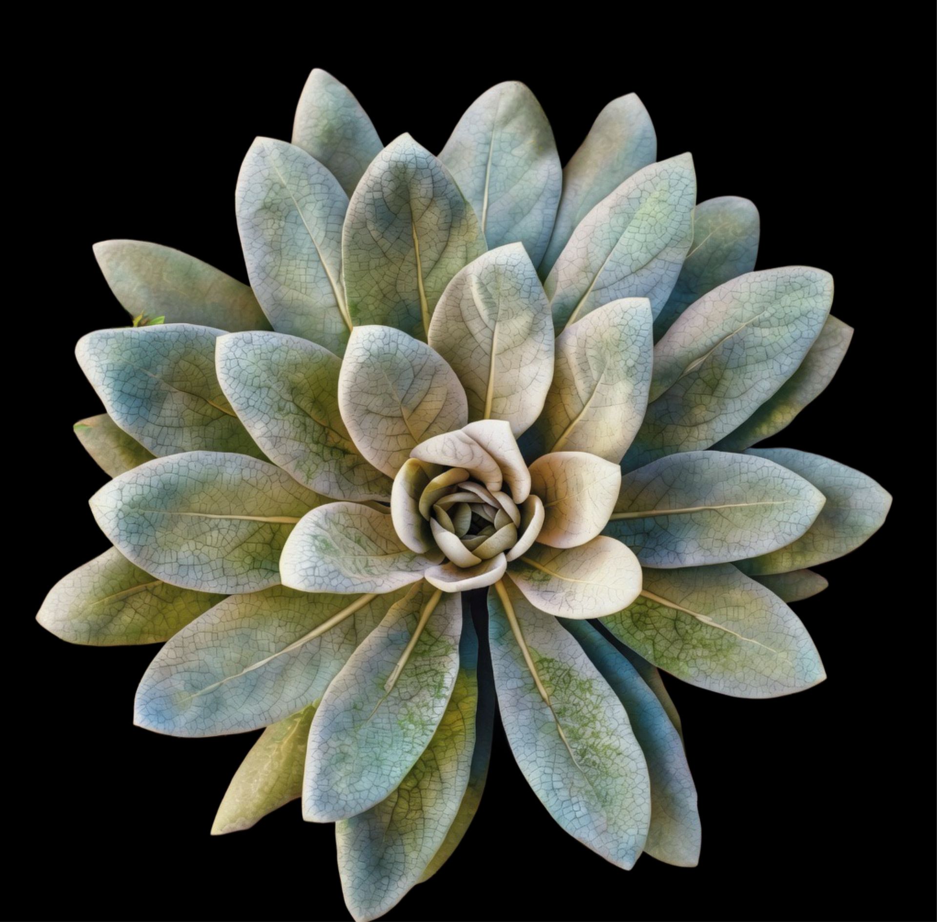 Close-up of a blue-green succulent rosette with layered leaves on a black background