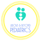 Logo for Above & Beyond Pediatrics: teal parent-child graphic inside yellow-lined circle, blue text below.