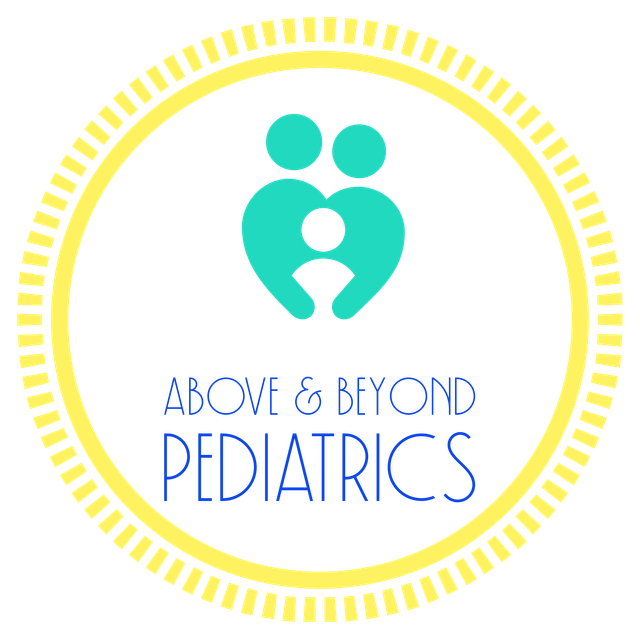 Logo for Above & Beyond Pediatrics: teal parent-child graphic inside yellow-lined circle, blue text below.