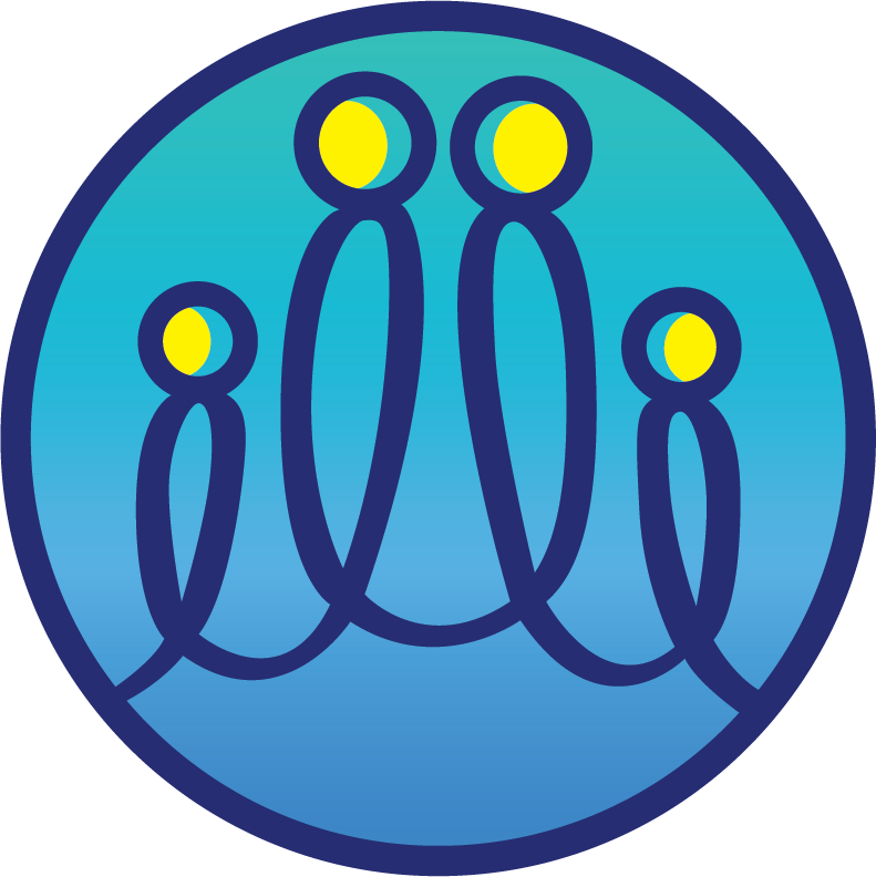 Blue circular logo with four stylized people figures linked by lines and yellow heads
