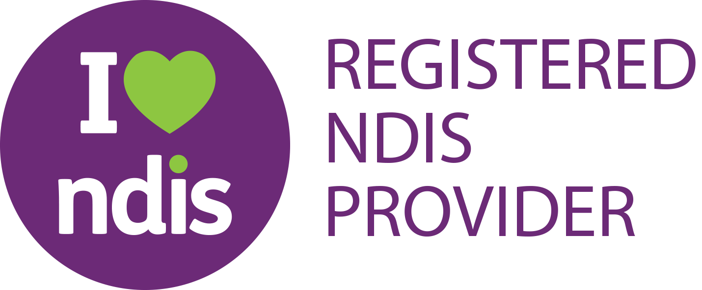 I love NDIS logo with purple circle and green heart, plus “REGISTERED NDIS PROVIDER” text