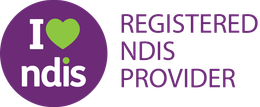 I love NDIS logo with purple circle and green heart, plus “REGISTERED NDIS PROVIDER” text