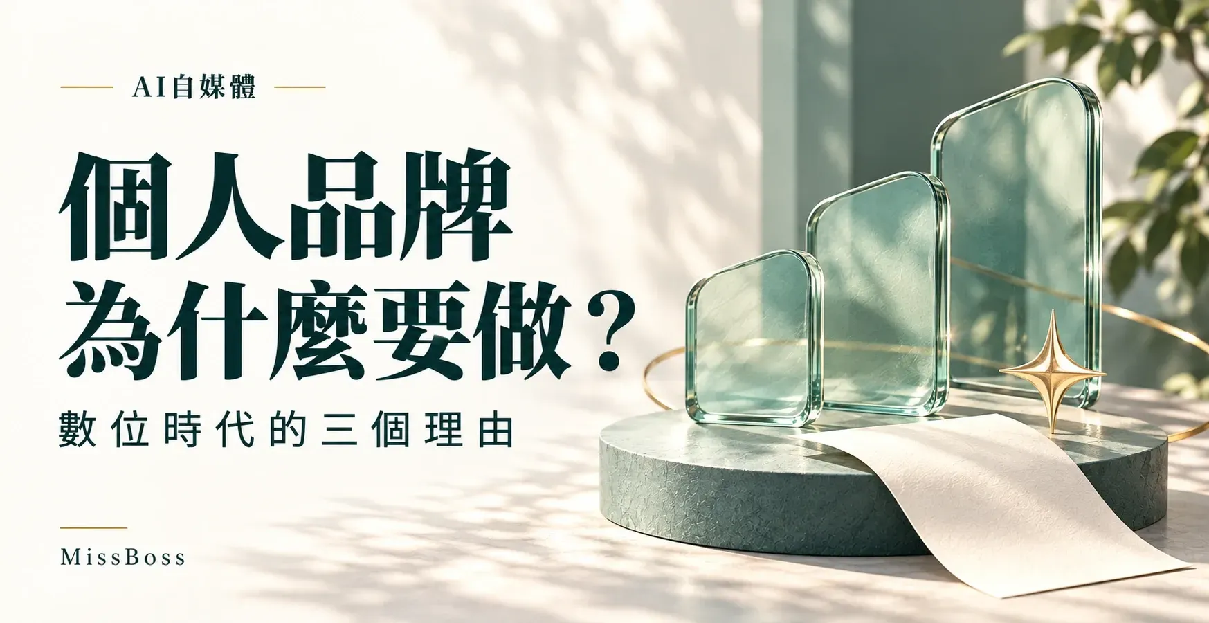 為什麼要打造個人品牌？數位時代的三大理由，搭配綠色玻璃獎座與書頁背景的簡約封面