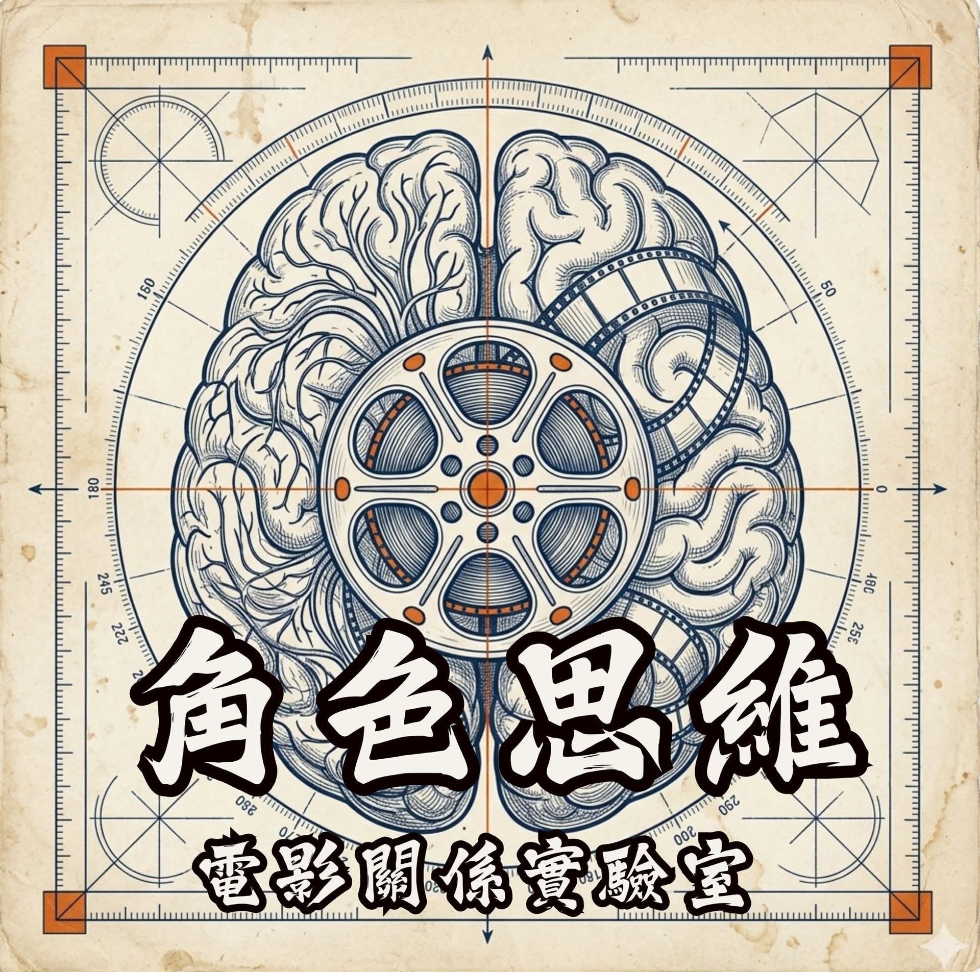 米色藍圖風格背景上的大腦與電影膠卷標誌，搭配中文文字