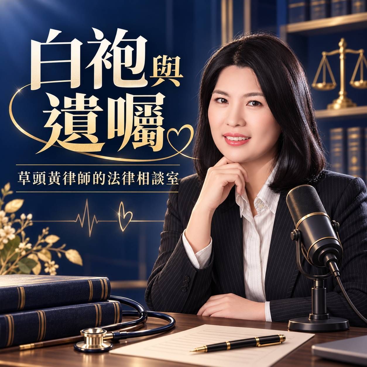 法律講座海報：一名女子坐在書桌前，旁邊擺著麥克風、法槌與天秤，左側以大字寫著「白袍與遺囑」。