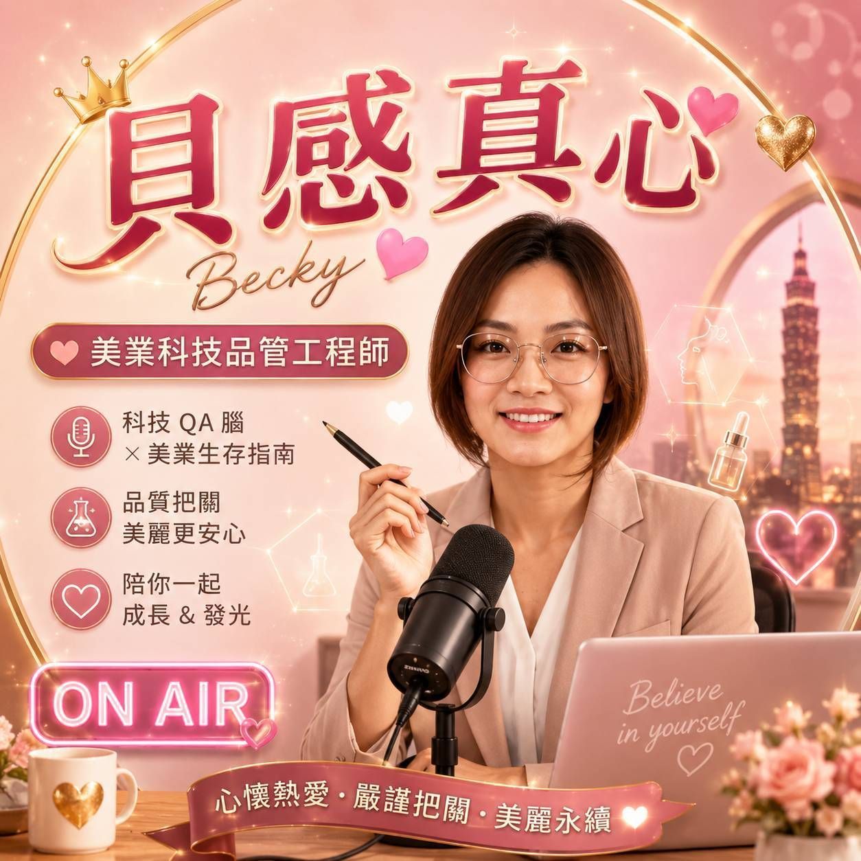 Podcast 風格的宣傳圖，笑容滿面的主持人在麥克風前，背景以粉紅愛心為主題，並附上宣傳美容科學內容的中文文字。