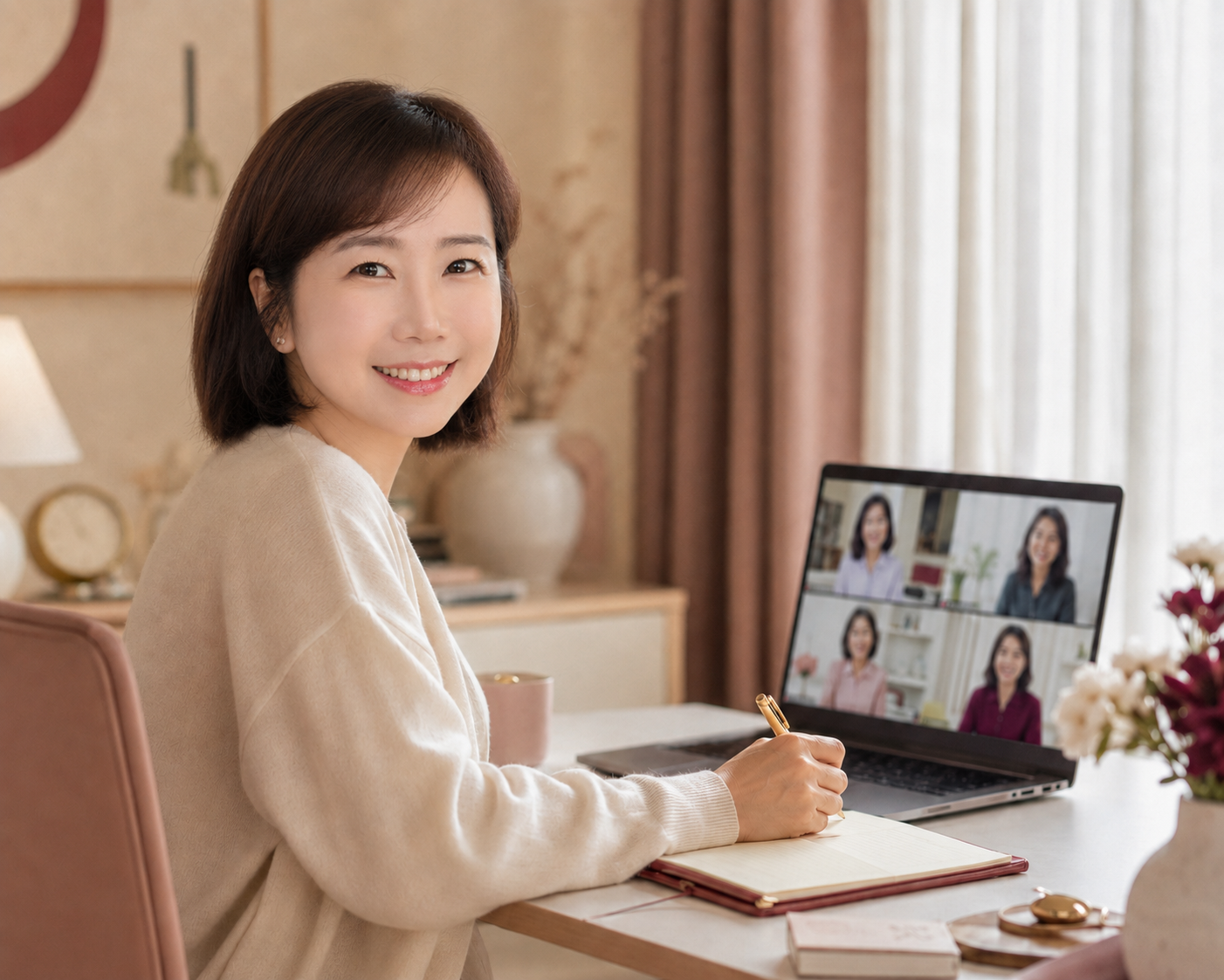 一名女子在溫馨的居家辦公室裡，一邊視訊通話，一邊坐在桌前微笑；筆電螢幕上顯示著多位與會者。