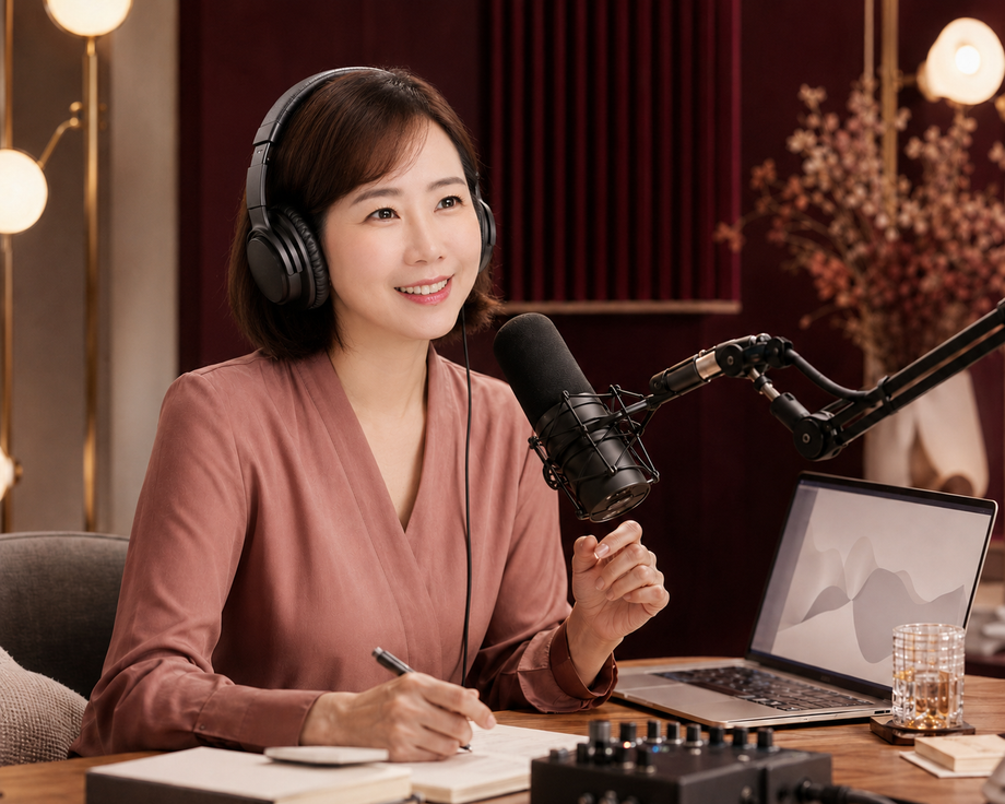 Podcast 主持人在燈光溫暖的錄音室裡對著麥克風說話，戴著耳機並做筆記