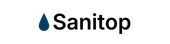 Logo Sanitop, goutte d'eau bleu foncé, texte noir.