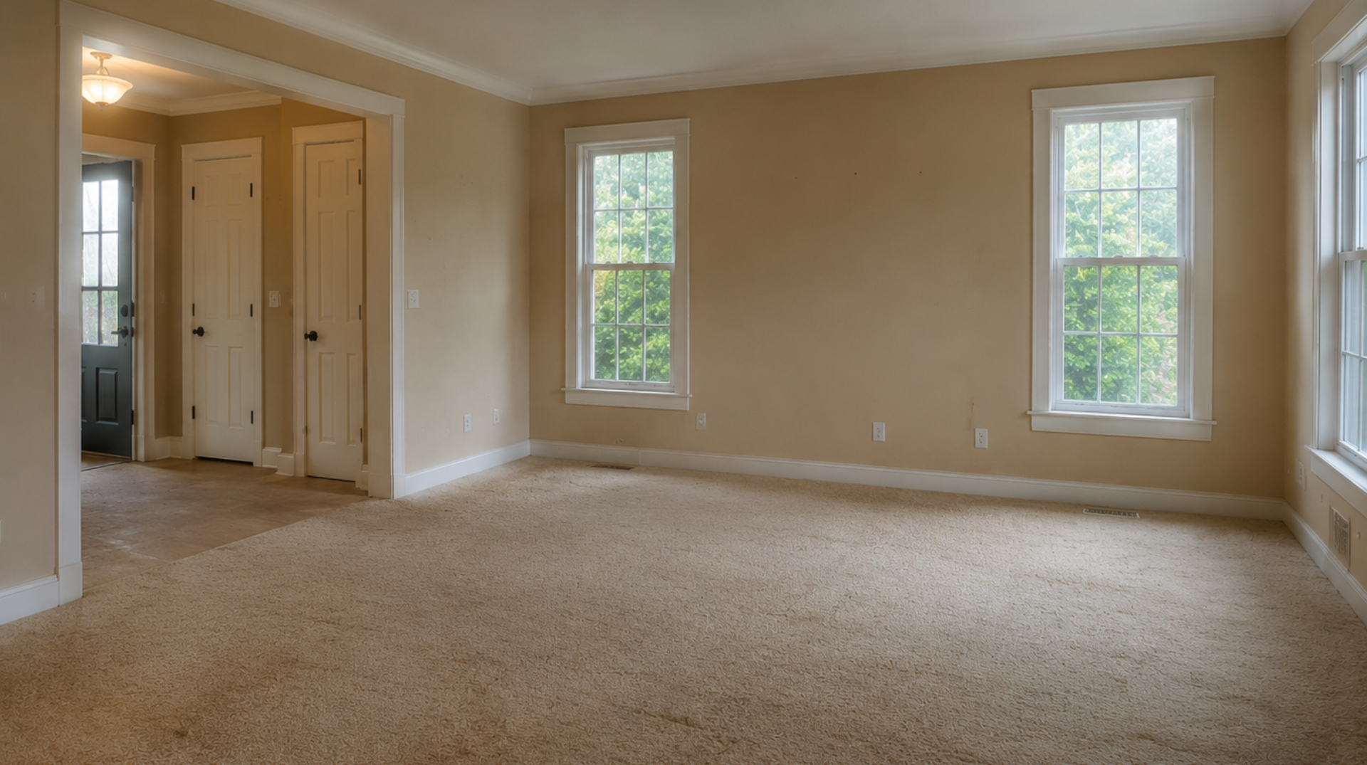 Empty beige bedroom with carpet, two windows, and closet doors under natural light