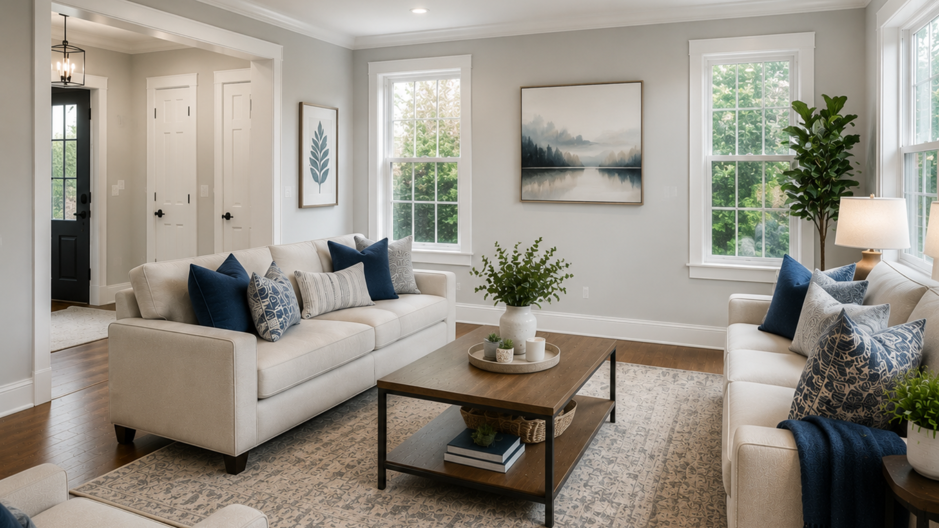 Bright living room with beige sofas, wood coffee table, blue accents, and large windows with natural light