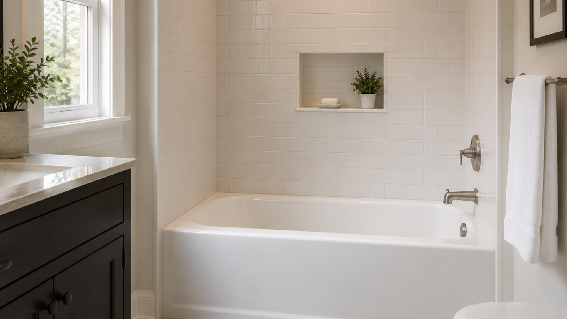 Modern bathroom with white tile tub, dark vanity, and a small shelf niche with a plant.