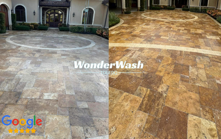 A before and after photo of a driveway with a google review.