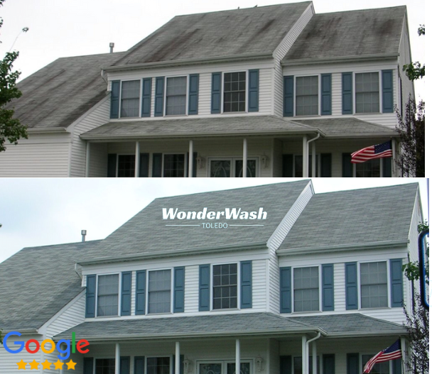A picture of a house before and after being cleaned by wonder wash