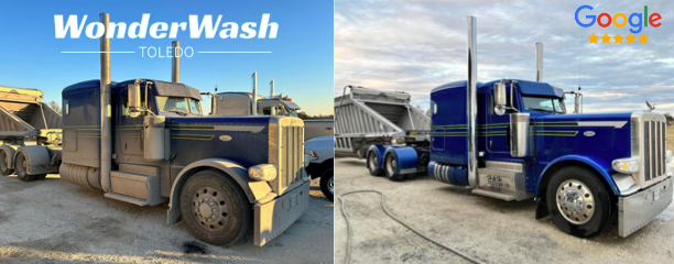 A picture of a truck before and after being cleaned by wonder wash