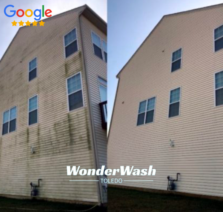 A picture of a building before and after being cleaned by wonder wash