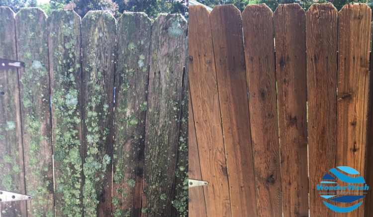 A before and after picture of a wooden fence that has been cleaned.
