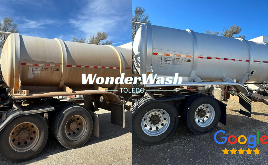 A tanker truck is parked next to a google review