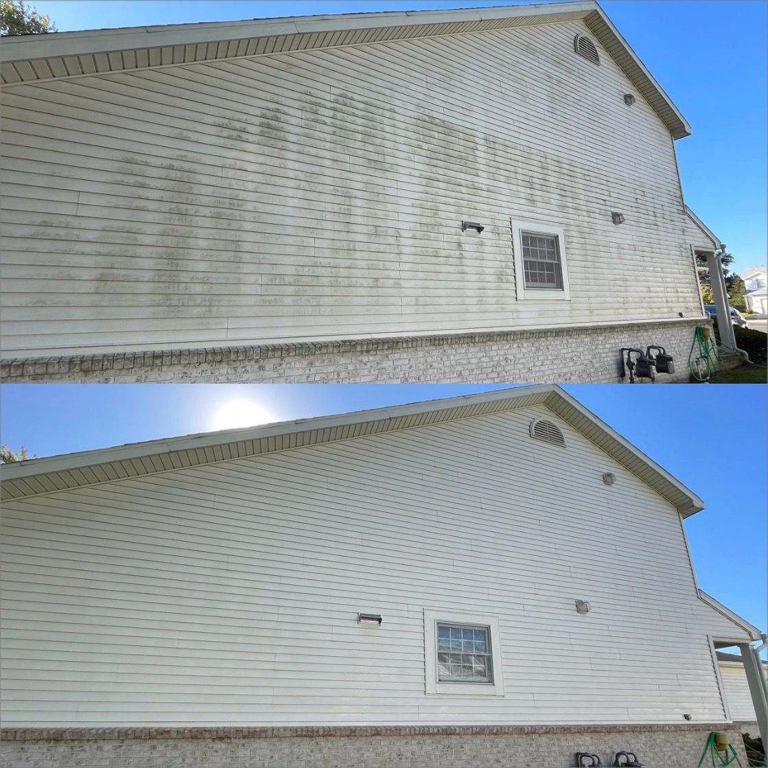 A before and after picture of a white house. A before and after picture of a white house.